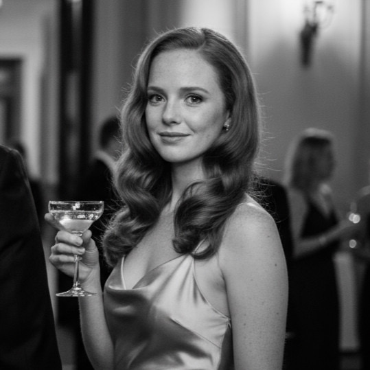 Photo of Astrid Cartesian, author, at a party drinking champagne
